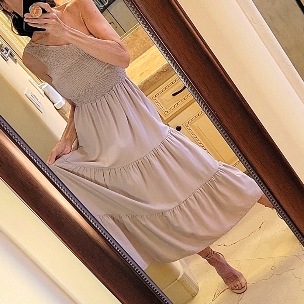 BTFBM Taupe One-shoulder Ruched Top & Flowy Tiered Bottom Summer Dress, S - Picture 4 of 14